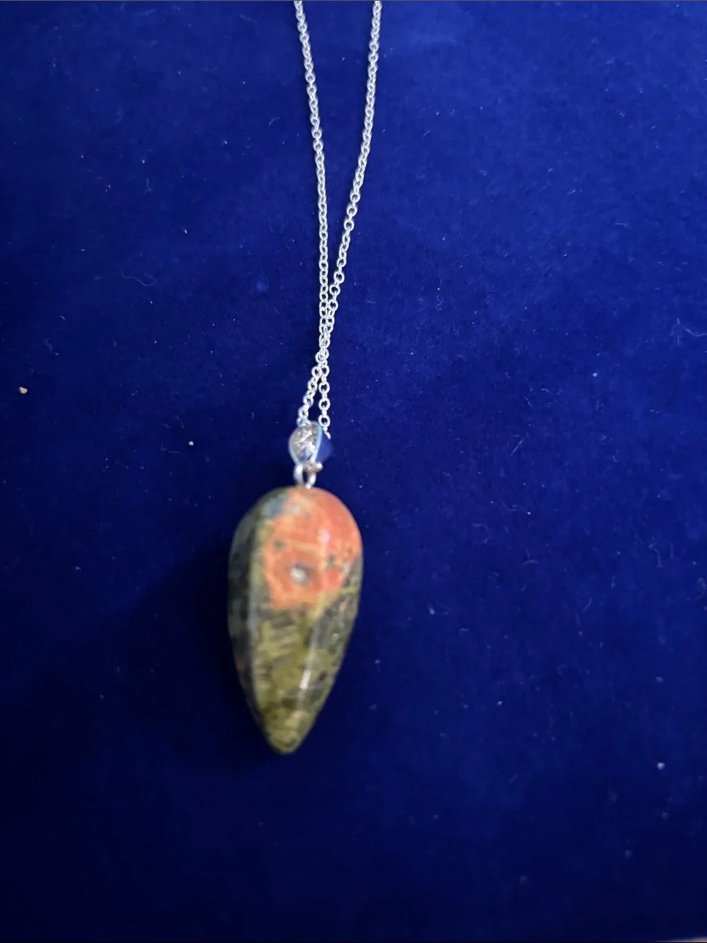 Genuine Natural Green Red Unakite Bullet Pendant on 22” Sterling Silver Chain